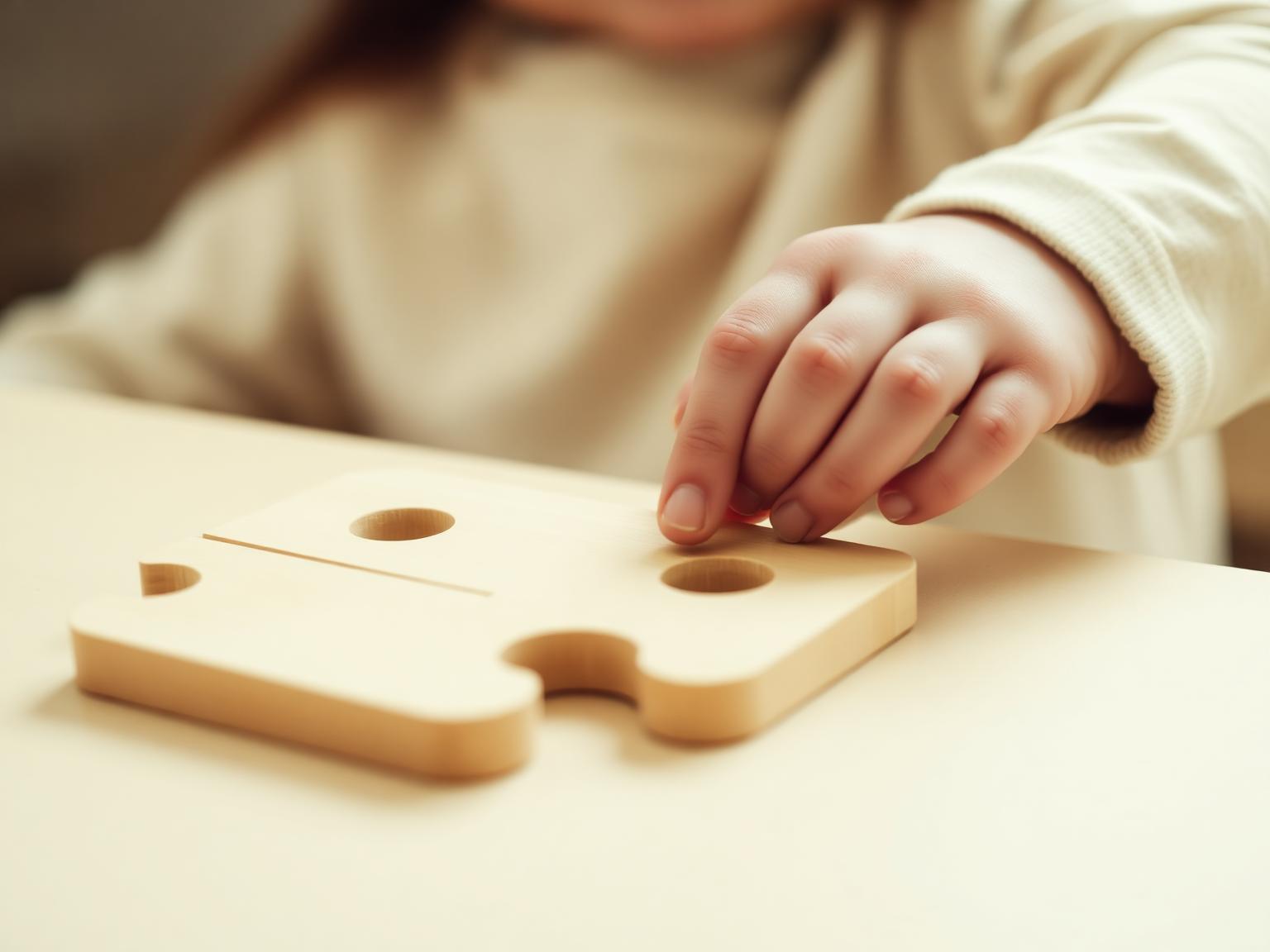 Child engaged in a wooden puzzle during a calming evaluation session